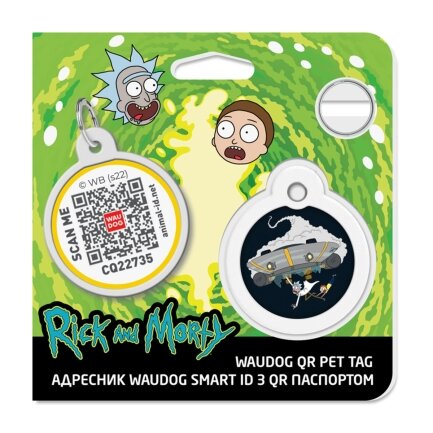 Адресник для собак і котів металевий WAUDOG Smart ID з QR паспортом, малюнок &quot;Рік та Морті 1&quot;, коло, Д 30 мм — Фото 3