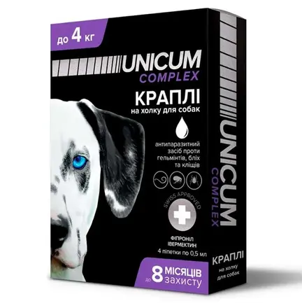 Unicum COMPLEX - Краплі від бліх, кліщів та гельмінтів для собак до 4кг, ціна за 1 піпетку