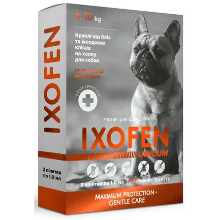 Краплі на холку Unicum Ixofen від бліх, іксодових кліщів та комарів для собак 4-10 кг, 1 мл, ціна за 1 піпетку