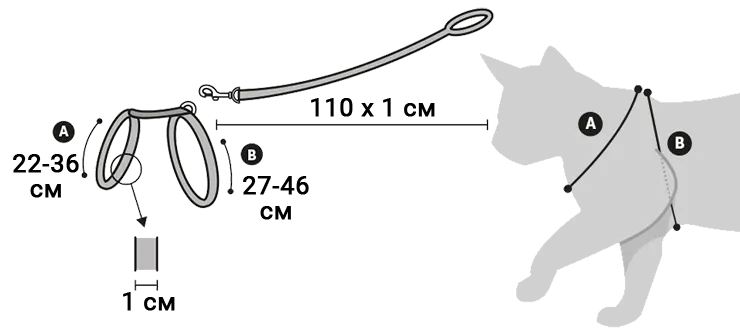 Шлей для котів Flamingo Ziggi. Розміри Для визначення розміру шлейи необхідно зняти 2 мірки з кота :</p>- обхват шиї в найширшому місці (А): сантиметрова стрічка проходить по передньому краю лопатки та кілю (опуклій частині грудної кістки); <br>обхват грудей (В): сантиметрова стрічка проходить за передніми лапами кота.